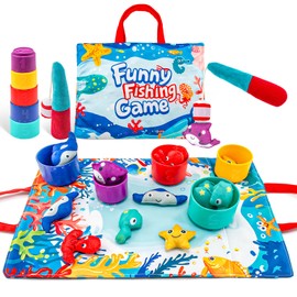 Fishing Toys Montessori Toys for 1 Year Old Boy Girl Cloth Fishing Game for Toddlers 1-3 with Stacking Cups- Number Counting, Color Sorting, Shape Learning Baby Toys