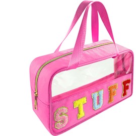 Bunliuys Clear Makeup Bag organizer TSA Approved Toiletry Bag, Clear Makeup Bags for Traveling, Chenille Letter Makeup Bag Clear Toiletry Bags for Traveling Waterproof Makeup Travel Bag, Hot Pink,