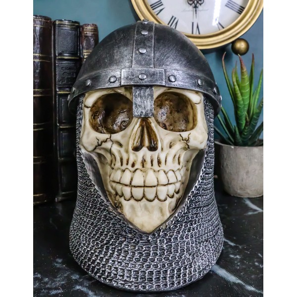 Ebros Medieval Knight Skull with Helmet and Head Coif Statue