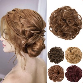 JJstar Bun Hair Piece Large Curly Wavy Hair Scrunchie Natural Hair Fake Elastic for Women and Girls (Medium Brown)