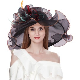 Z&X Women's Organza Sun Hat Big Flower Veil Fascinator Hairpin Wide Brim Bridal Church Wedding Tea Party Hat Black