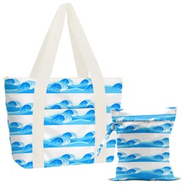 JIUWEIHU Large Beach Pool Bag And Wet Dry Bag Waterproof Sandproof Wave Whale Beach Tote Laundry Bags for Swimsuits for Travel, Large Capacity Foldable for Women