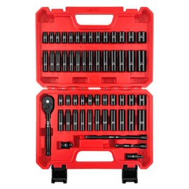 WETT 55-Piece 1/4" Drive Impact Socket Set, SAE/Metric, Deep/Shallow (5/32"-9/16", 4-15mm) Sockets with Ratchet Handle, Extension Bar, Adapter and Universal Joint, Cr-V Steel, 6 Point