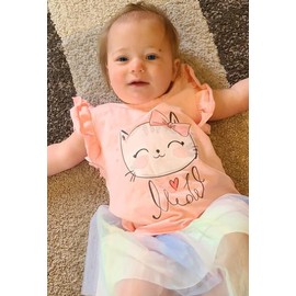 RETSUGO Girls 2pc Pink Skirt Set Summer Birthday Outfit Flutter Cat Shirt Toddler Rainbow Tulle Skirts Kids Kitten Tutu Dress 5-6 Years