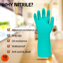 Vgo... 10Pairs Reusable Household Gloves, Dishwashing Gloves/Kitchen Cleaning/Gardening Nitrile Gloves, Latex Free NT2141(Green,M)