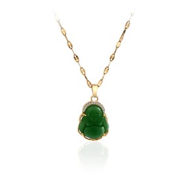 Luxury Laughing Buddha Pendant Necklace Set Lucky Green Jade Cubic Zirconia Bling Gemstone 20k Gold Plated Amulet Jewelry for Women Men-5pcs