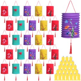 25 Pcs Chinese Paper Lantern with LED Lights Flower Bird Chinese Lantern Colorful Hanging Lanterns DIY Accordion Lanterns Lamp for Chinese New Year Middle Autumn Festival Home Courtyard Decoration
