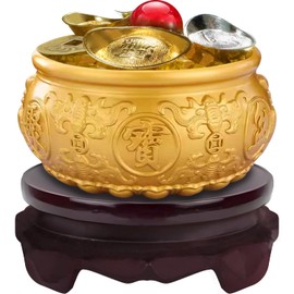 WAYUTO Brass Treasure Bowl Set with Base 5Pcs Copper Coins Citrine Lucky Ball 2Pcs Gold Ingots and 2Pcs Silver Ingots Chinese Feng Shui Decoration for Business Prosperity Fortune 3.15"