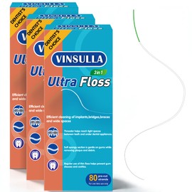 VINSULLA Dental Floss for Braces, Floss Threaders for Bridges and Implants, PTFE & PFAS Free Floss, 80 Pre-Cut Strands (Pack of 3)