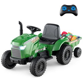HONEY JOY Upgrade Kids Ride On Tractor with EVA Treaded Tires, 12V 7AH Battery Powered Electric Car w/Trailer, Music, 25W Dual Motors, Ground Loader, Toddler Ride On Car w/Remote Control(Dark Green)