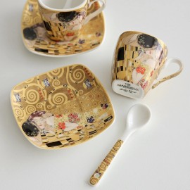 MARSSEUS Set of 2 Porcelain Cups 3.3oz(100 ml) + Saucers + Spoons Klimt The Kiss Gift Box