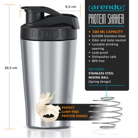 arendo arendo Protein Shaker Bottle, Stainless Steel with Wire Mixball Whisk, 500ml, Leakproof, BPA-Free, Perfect for Mixing Powdered Shakes pre Workout,Premium Shaker for Protein Shakes, Dishwasher Safe