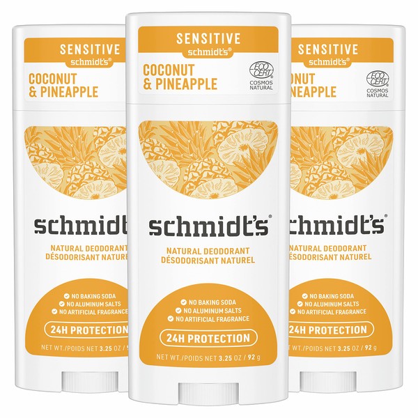 Schmidt's Aluminum Free Natural Deodorant for Women and Men, Coconut Pineapple for Sensitive Skin with 24 Hour Odor Protection, Certified Cruelty Free, Vegan Deodorant, 3.25oz, 3 pack