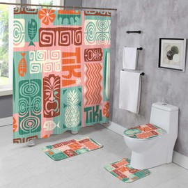 4 Pcs Summer Tropical Shower Curtain Sets with Rugs Exotic Retro Tiki Bathroom Set Seamless Home Bath Bathtub Decor Durable Curtains Mats for Bathroom Decor 72 x 72 Inch