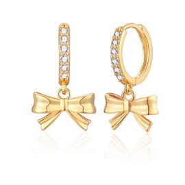 Gold Bow Drop Hoop Earrings for Women Girls, Gold Hoop Dangle Earring with Cubic Zirconia, Hypoallergenic Huggie Hoops Earrings Jewelry Gifts