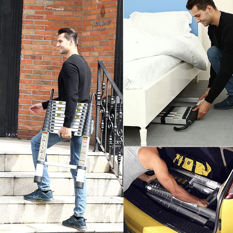 12.5FT Telescoping Ladder Aluminum Telescopic Extension Ladder One Button Retraction