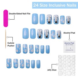 Christmas Press on Nails Medium Square SWEKKE Blue Winter Fake Nails False Nails with Designs Snowflake Cute Snowman Glossy Glue on Nails Xmas Acrylic Nails for Women Girls 24 Pcs
