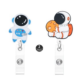 ZOSTLAND 2PCS Cute Astronauts Cosmonaut Fly to Moon Retractable Badge Reel, Holder for Office Work Nurses ID and Name Tag with Metal Back Clip, 28 inch Cord Extension (2pcs Astronauts)