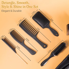 SALONSILK Hair Brush and Comb Set for Women and Men, 5Pcs Paddle Hair Brush, Styling Brush and Comb Set, Great On Wet or Dry, No More Tangle for Long Thick Thin Natural Curly
