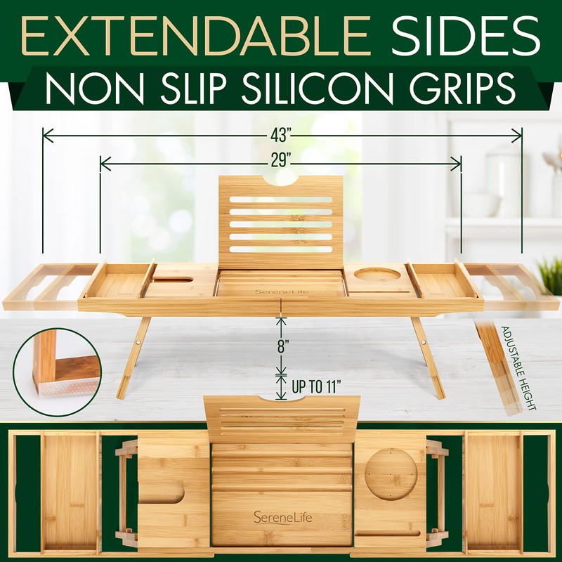 SereneLife Bath Caddy Breakfast Tray Combo - Natural Bamboo Wood