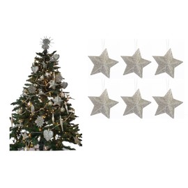 Pack of 6-8cm 3D Glitter Star Baubles Christmas Tree Decorations (Champagne (Gold))