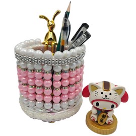 Ruesr Pink Desk Organizer Hand Woven Makeup Brush Holder Cute Pencil Holder Cup for Girls Kids Women Office Classroom Home Desk Organizer Storage Gift ( Can be used as a mobile phone holder )