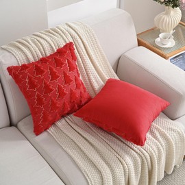 Volcanics Red Christmas Tree Decorative Throw Pillow Covers 18x18 Inch Set of 2, Soft Plush Faux Fur with Sparkling Sequin Design, Luxury Throw Pillowcases for Couch Holiday Festivals