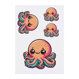 4 x 'Kawaii Octopus Baby' Temporary Tattoos - Water Resistant, Skin-Safe, Non-Toxic Transfers, Mixed Sizes (TO00070696)