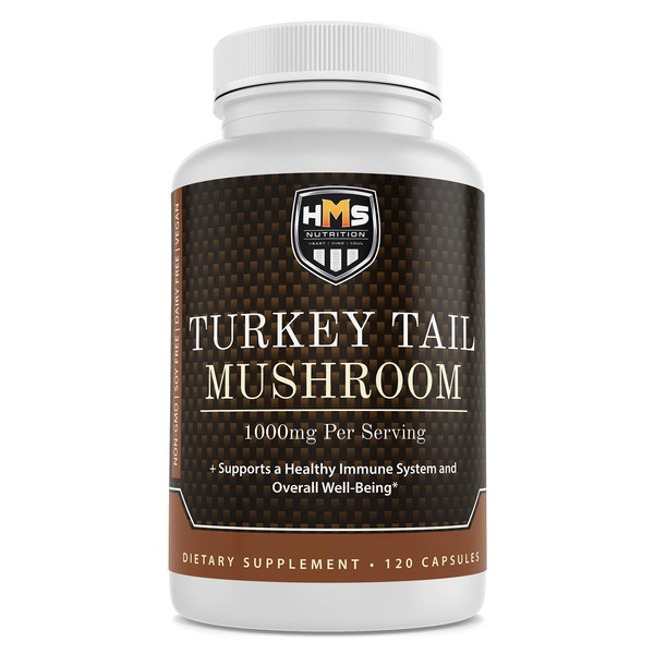 HMS Nutrition Turkey Tail Mushroom 120 Potent 1000mg Capsules Non-GMO Vegan Strong Antioxidant and Immune Support Abilities