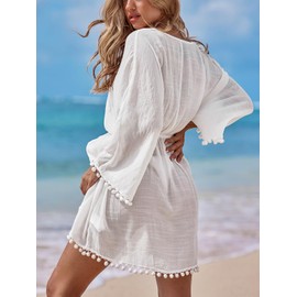 CUPSHE Women's Cover Ups Swimsuits Pom Pom Long Sleeves Ethnic Crochet V Neckline Beachwear Dress White M