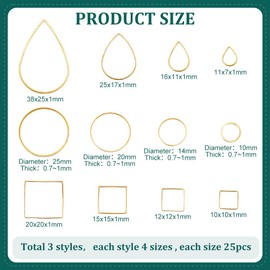 PH PandaHall 300pcs 3 Styles Earring Hoops for Jewelry Making, 4 Sizes Open Bezels Resin Bezels Round Earring Hoop Square Earring Beading Hoops Teardrop Linking Rings for Resin Earring Necklace Crafts