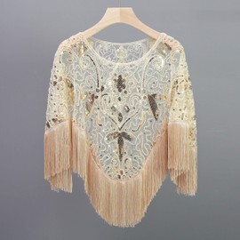 EORUBE 1920s Stole Scarf Women's Sequin Wraps for Evening Dress Retro Gatsby Party Costume Accessories, Beige gold