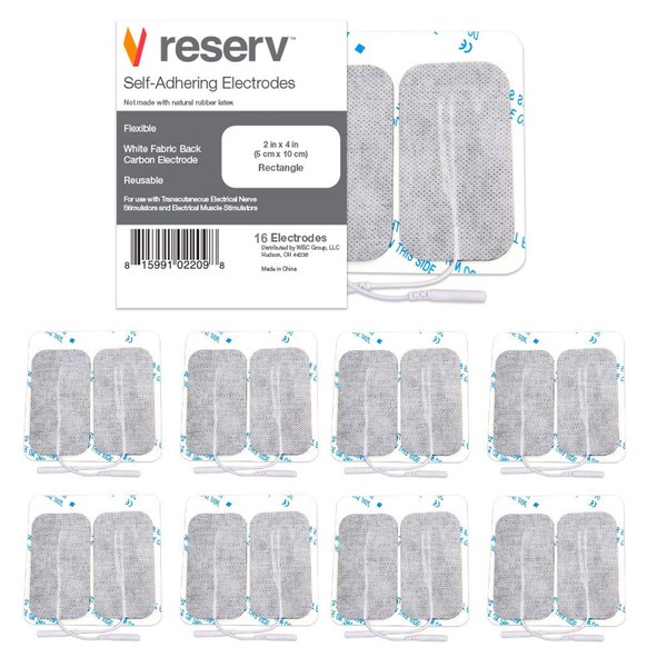 reserv 2" x 4" Rectangle Premium Re-Usable Self Adhesive Electrode Pads for TENS/EMS Unit, Fabric Backed Pads with Premium Gel (White Cloth and Latex Free)(16 Electrodes)