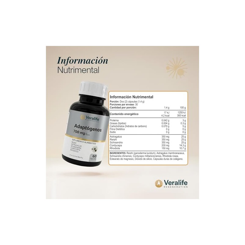 Veralife Adaptogenos Rhodiola Reishi Cordyceps Capsulas 700
