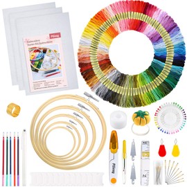 Pllieay Embroidery Set, Cross Stitch Starter Kit with Instructions, 5 Bamboo Embroidery Rolls, 100 Coloured Threads, 3 Aida Cloths and Cross Stitch Tool Set for Sewing