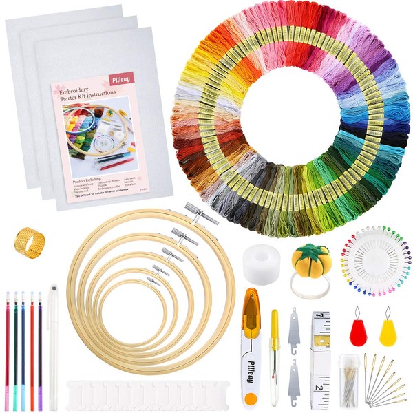 Pllieay Embroidery Set, Cross Stitch Starter Kit with Instructions, 5 Bamboo Embroidery Rolls, 100 Coloured Threads, 3 Aida Cloths and Cross Stitch Tool Set for Sewing