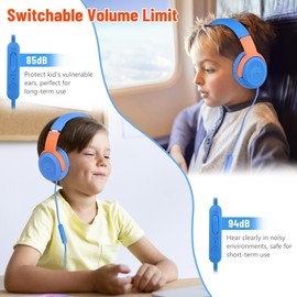 Rockpapa Share 1 Kids Headphones, Wired Headphones with Microphone, 85/94dB Volume Limited, Sharing Function, Foldable, Adjustable, Childrens Headphones Over Ear for School/Travel/Phone/MP3 (2 Packs)