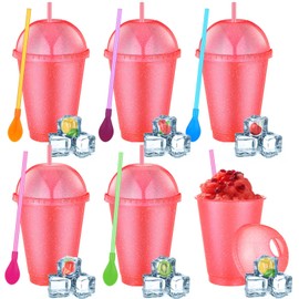 Ninehaoou 6 Set Slushie Cups with Dome Lids and Straws Detachable Spoon Straws Reusable Plastic Iced Coffee Cups Smoothie Tumbler for Birthdays Summer Party Supplies(Pink,16 oz)