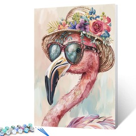 Pink Flamingo with Flowers Hat and Sunglasses Paint by Number Cute Animal DIY Painting on Canvas with Brushes Acrylic Paints Paint by Numbers for Adults and Kids Beginner 16x20 Inch（without Frame）