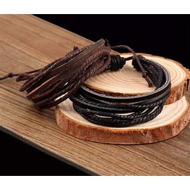 Zivom® Dual Braided Black Leather Charm Wrist Band Multi Strand Bracelet