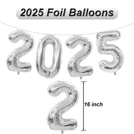2025 Balloons, New Years Balloons, 16 Inch Silver 2025 Number Balloons for New Years Decorations 2025, New Years Eve Party Supplies 2025, Christmas, Birthday, Graduations