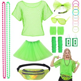 80s 90s Outfit Women's Accessory Set Mesh Shirt with Tutu Headband Earring Necklace 80s Neon Costume Party Outfit Mesh Top Women's 80s Clothing for Carnival Fancy Dress Women Girls (Green) C036