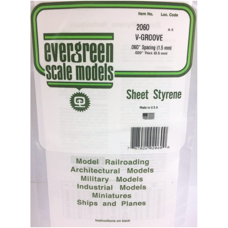 Evergreen 70EG2060 Scale Model Plastic Sheet, V-Groove, Thickness: 0.02 inches