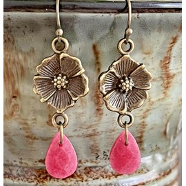 Bronze Tone Flowers and Faceted Raspberry Jade Teardrop Earrings. Jewelry Earrings for Women #3298FE3270