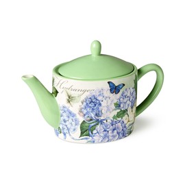 Garden Path 40 oz. Ceramic Teapot with Pink, Purple, and White Hydrangea Design, Butterfly Accents ideal for gatherings, family breakfasts, or quiet moments of self-care.