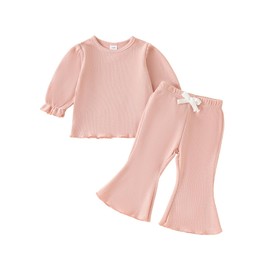 Koecnoc Baby Girl Fall Outfit Toddler Girl Winter Clothes Baby Lantern Sleeve Top and Flared Pant 2-Piece Waffle Clothing Set 3-6 Months, Pink