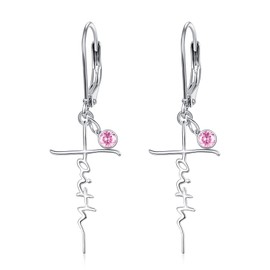 Faith Cross Earrings for Women 925 Sterling Silver Dangle Earrings Hypoallergenic October Birhstone Earrings Pink Earrings Religious Christan Confirmation Jewelry Gifts …