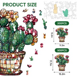 Delobil Stained Glass Cactus Wooden Puzzles for Adults, 200 Pieces Jigsaw Puzzles, Unique Shaped Medium Size Wood Puzzle Gift for Adults and Kids, Family Game 11.3'' x 13.2''