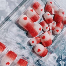 Valentine's Day Press on Nails Short Glitter Heart Fake Nails Gradient Red Heart Glitter Design Sparkly Valentine's False Nails Cute Press on Glue Stick on Nails Valentine's Stick on Nails for Women