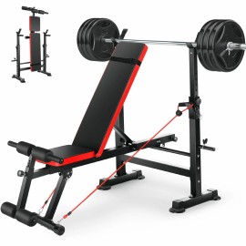 Foldable Weight Bench Adjustable w/Squat Barbell Rack and Removable Foot Bracket
